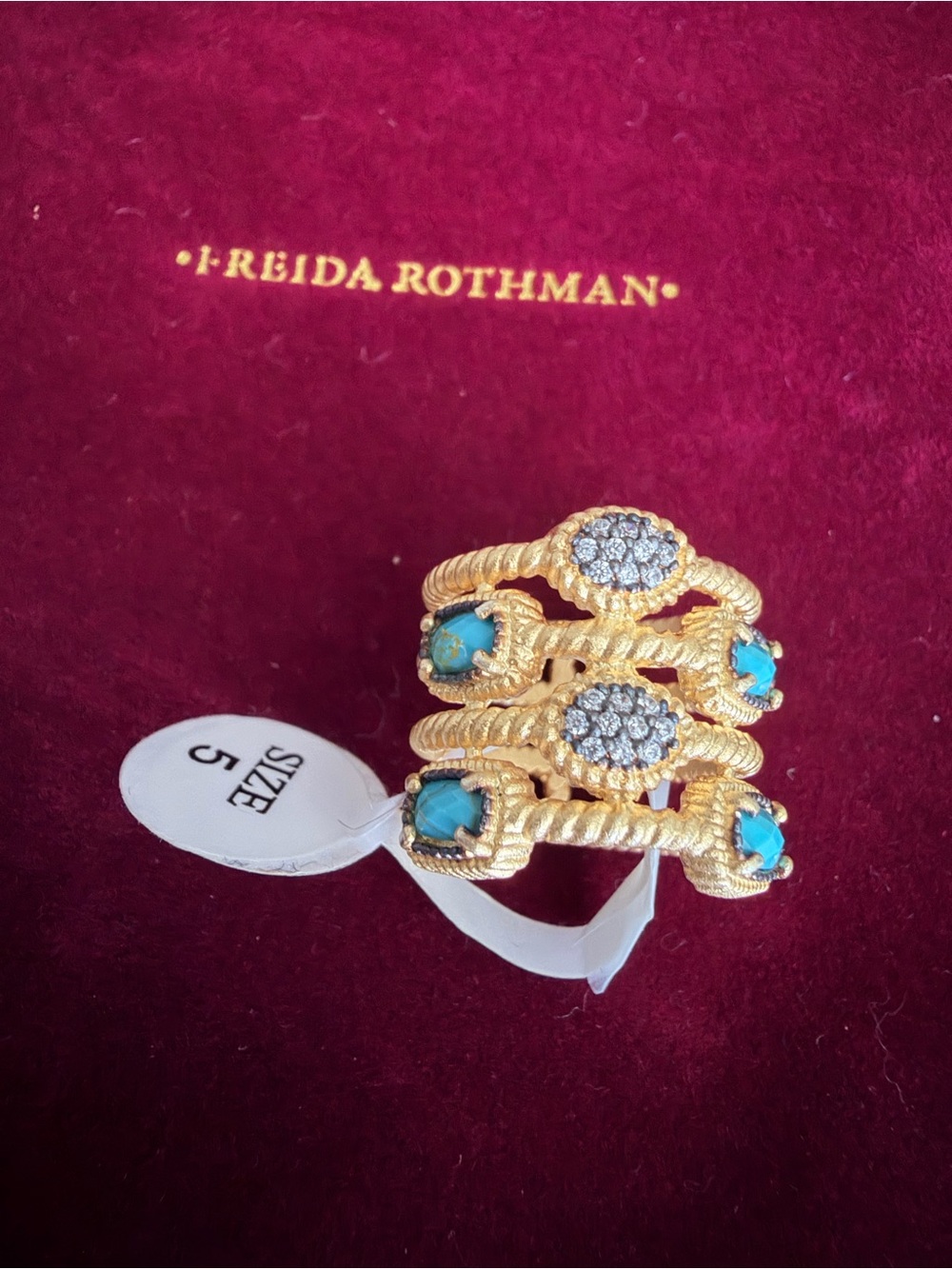 Freida Rothman Sterling Silver Gold Plated Turquoise and Pave Ring - Size 5
